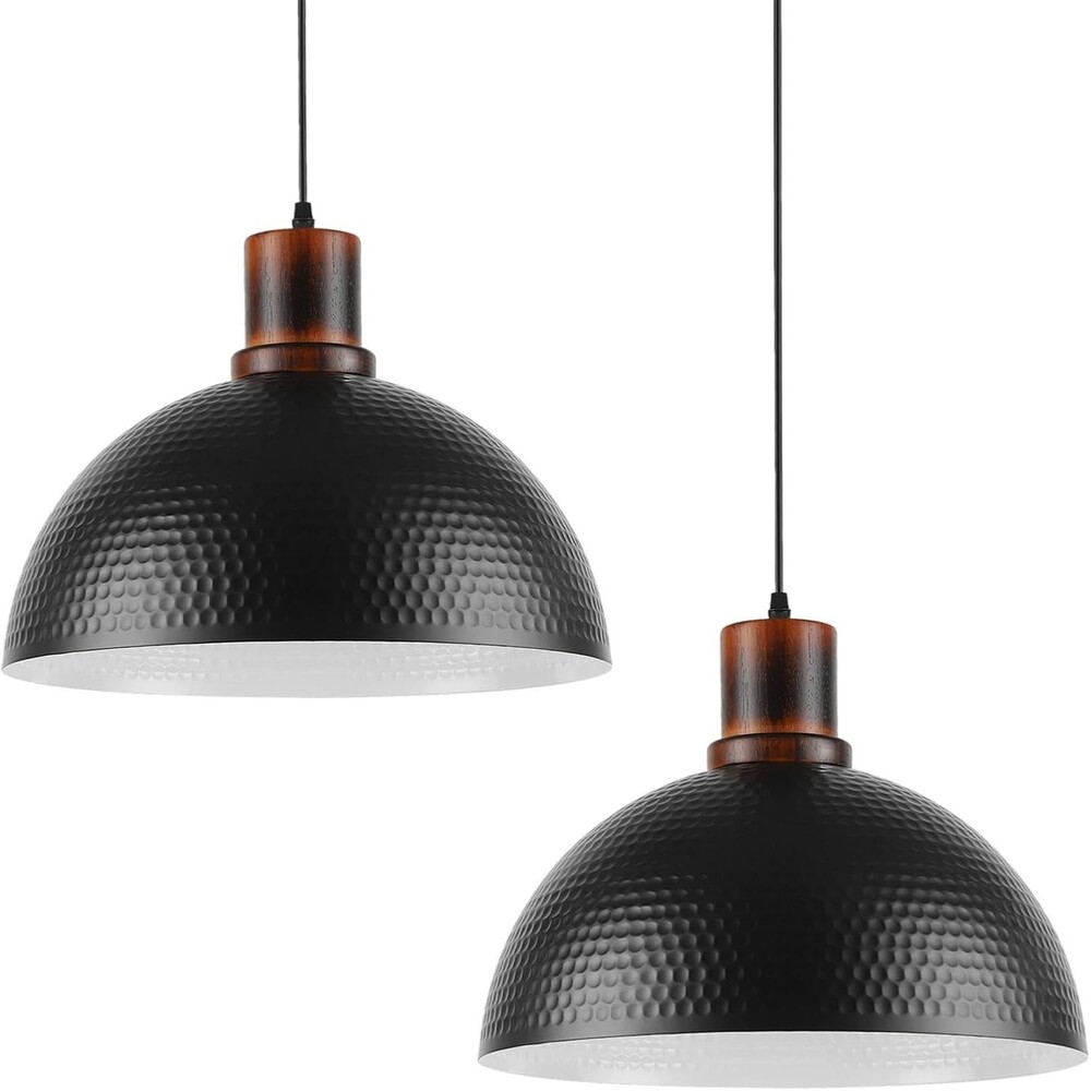 2 Pack Solid Wood Pendant Lights,16" Hammered Metal Black Finish Hanging Ligh...